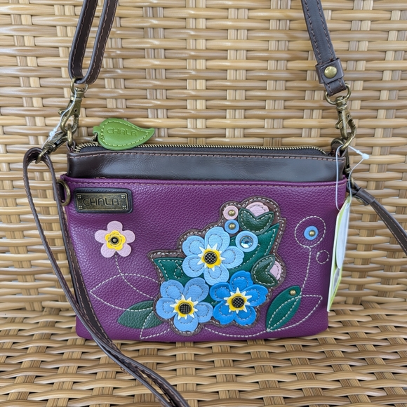 Chala Mini Faux Leather Purple Forget Me Not Crossbody Bag Clutch Wristlet NWT - Picture 7 of 13